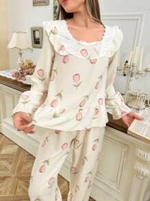 CottageSlumber Romantic Ruffle Trim Tulip Pattern Women's Pajama Set