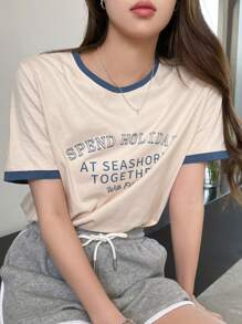 DAZY Letter Graphic Contrast Binding Tee - Beige - View 8