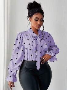 Maweii 大码女式心形印花领带长袖优雅衬衫 - 紫色 - 查看 1