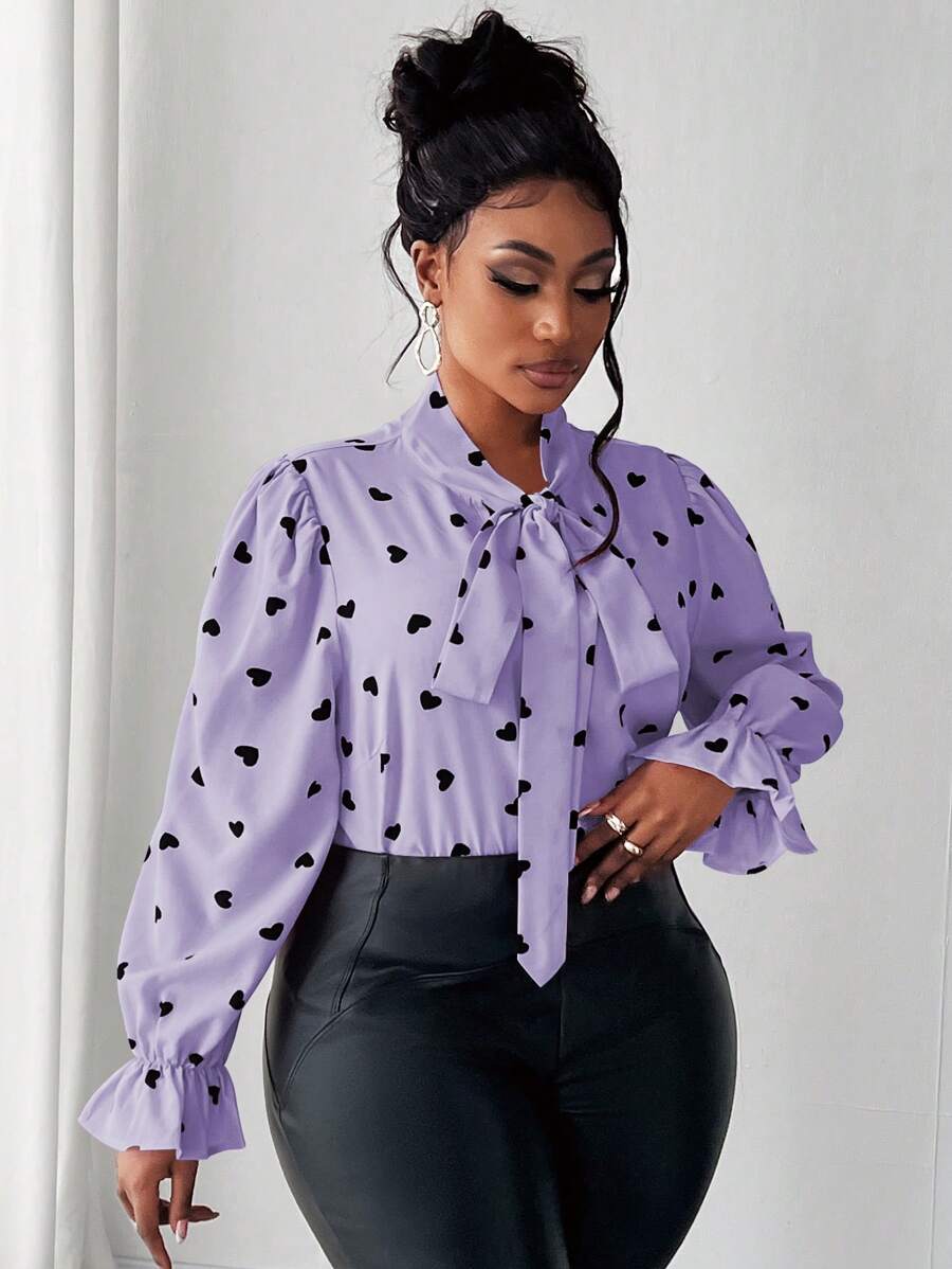 Maweii 大码女式心形印花领带长袖优雅衬衫 - 紫色 - 查看 1