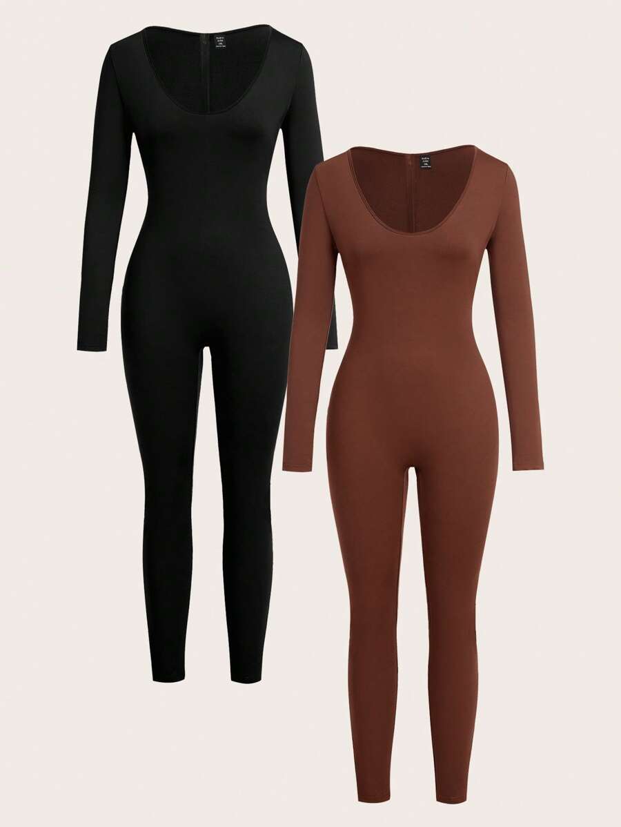 SHEIN SXY 2pcs/Set Plus Size Women's Deep V-Neck Long Sleeve Jumpsuit - Black - View 1