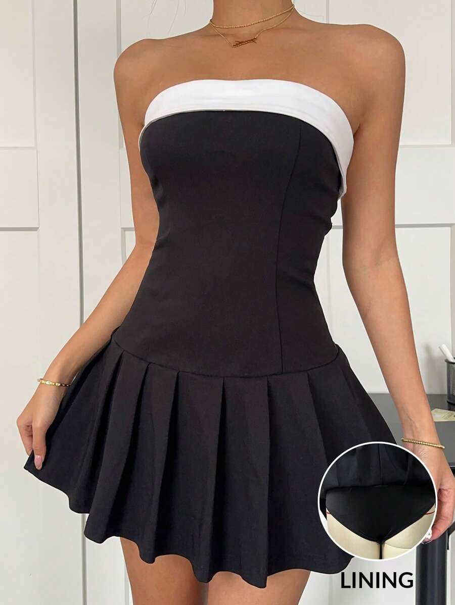 SHEIN EZwear Women Open Shoulder Pleated Mini Dress - Black and White - View 1