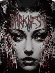 ROMWE MEN Grunge Punk Men's Gothic Fashion Tie Dye Print Character Loose Short Sleeve T-Shirt, Halloween - Black - View 3