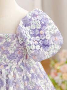 SHEIN Glamorique Kids Baby Girl Purple Flower Bowknot Puff Sleeve Mesh Princess Dress Girls Princess Dress Baby Girl Princess Dress For Baby Girls Occasion Baby Girl Dresses Toddler Dress For Wedding Baby Elegant Dress Baby Spring Dress Princesa Dress For Baby