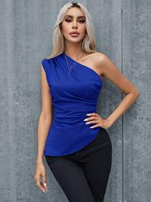 Aveloria Modichic Women's Elegant Commute Solid Color Draped Asymmetrical Neck Blouse Top - Royal Blue - View 5