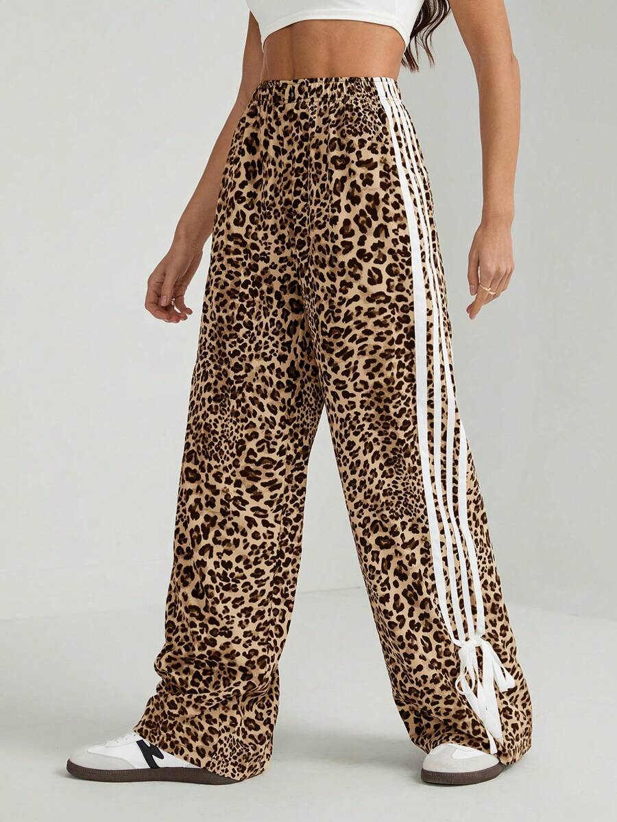 SHEIN Tall 女士休闲豹纹侧蝴蝶结裤 - 咖啡棕 - 查看 1