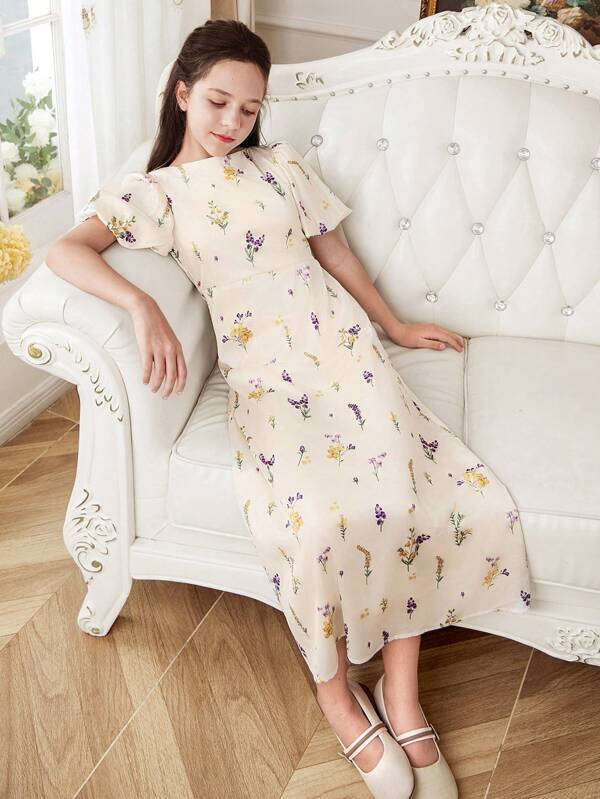 SHEIN DRMZ Tween Girl Tween Girl Elegant Off Shoulder Court Sleeve Vintage Floral Printed Silk Dress