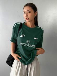 DAZY Áo thun tay ngắn dáng rộng mùa hè in chữ cỡ lớn, áo thun họa tiết - Màu xanh lá cây đậm - Xem 5