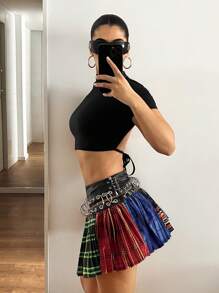 SHEIN ICON 美国复古街头风格低腰 PU 腰带格子迷你裙 - 彩色 - 查看 5