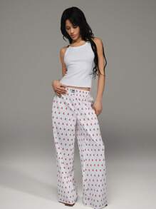 SHEIN Unity Pantaloni drepti cu imprimeu cireș cu talie reglabilă - alb - Vizualizare 6