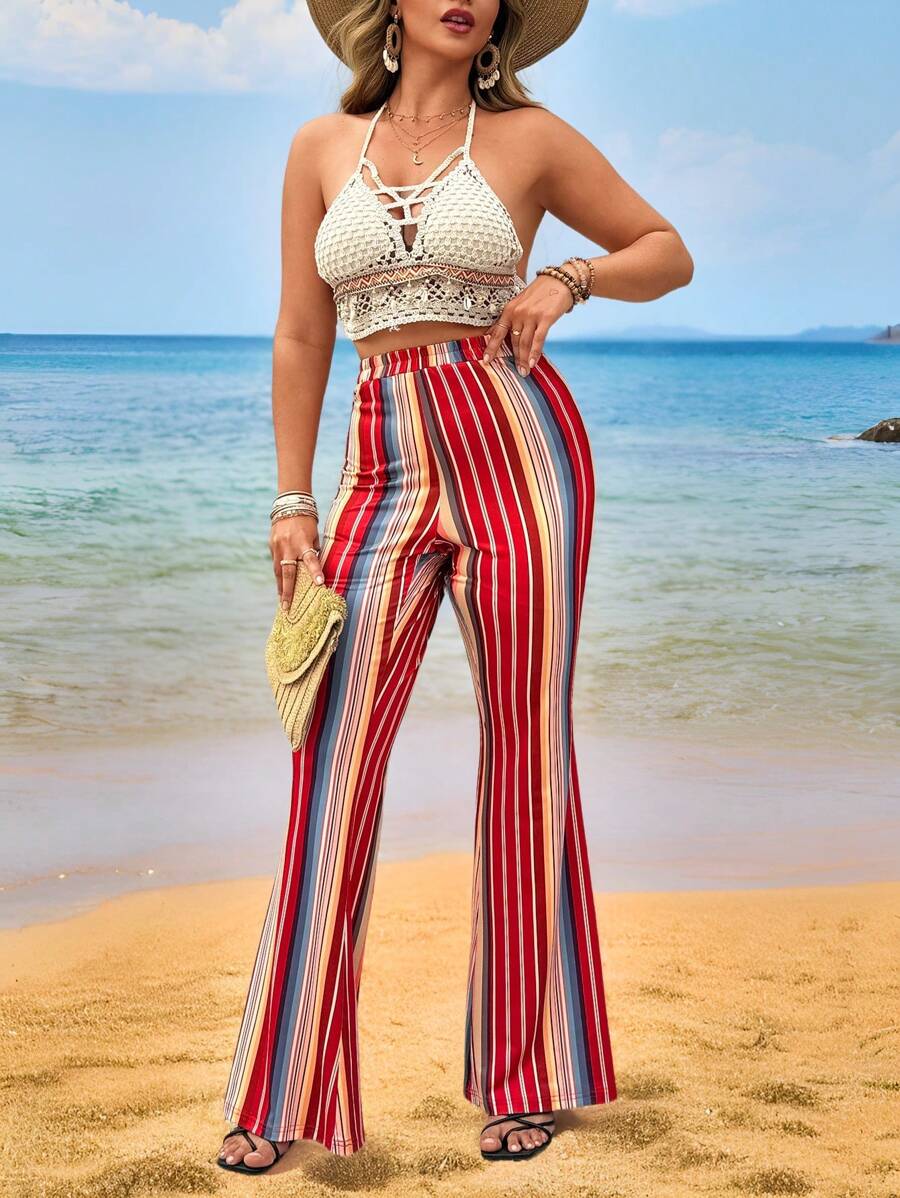 SHEIN Clasi Elegant & Charming Women's Long Elastic Waist Striped Knit Wide Leg Pants, Suitable For Summer & Spring, Plus Size Fall Cloth For Women - Multicolor - View 1