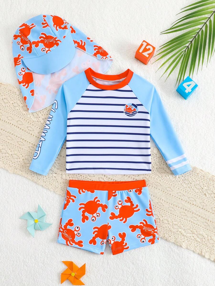 Baby Boy Swimming Suit: Top With Fixed Print/Bottom With Random Print + Swimming Cap - Multicolor - View 1