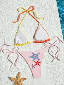 Swim Mod Women's New Ribbed Fabric Ocean Print Halter Backless Bikini Set, Triangle Bottoms, Spring/Summer - Multicolor - View 8