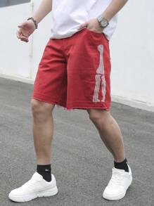 Manfinity Homme Men's Casual Red Embroidered Athletic Denim Shorts - Red - View 1