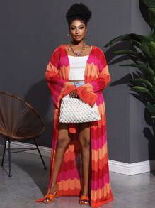 Slaydiva Plus Size Summer Holiday Contrast-Color Crochet Hollow-Out Long Cardigan In Fall/Winter - Multicolor - View 4