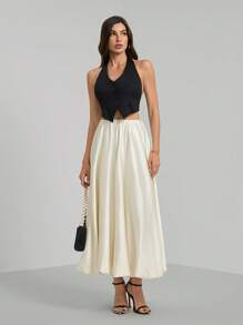 SHEIN Tall 女士米色缎面褶皱泡泡简约 A 字裙 - 杏色 - 查看 4