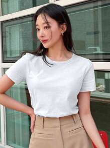 DAZY Camiseta de manga corta casual de cuello redondo de unicolor, estilo casual de negocios para mujer - Blanco - Ver 4