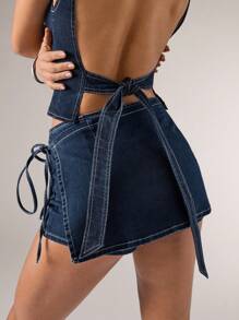 SHEIN BAE 女士时尚侧开衩系带牛仔工装短裤