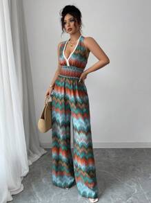 Elenzga V-Neck Halter Waist Elastic Drawstring Jumpsuit, Vacation Style