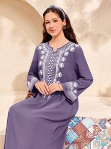 SHEIN Leap Crew Teen Girls' Print Robe, Long Length, Suitable For Vacation, Spring/Summer - Dusty Purple - View 5