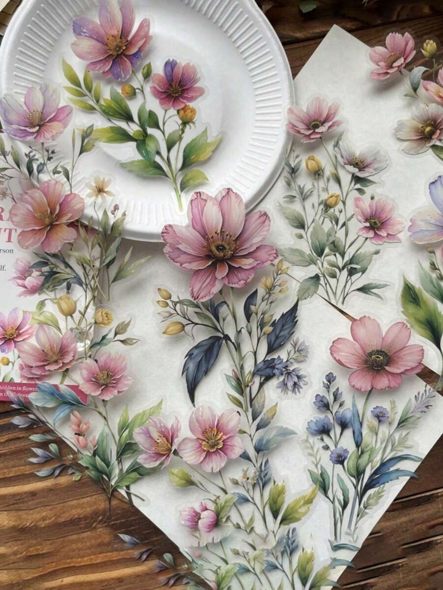 20 张/套大尺寸防水透明 PET 贴纸套装，包括水彩植物、复古花卉，用于装饰期刊、日记、剪贴簿等。 - 彩色 - 查看 1