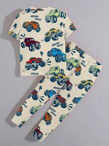 SHEIN Young Boy Khaki Car Print Casual Snug Fit Round Neck Short Sleeve Pants Loungewear, Suitable For All Seasons