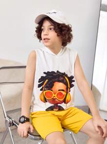 2pcs/Set Tween Boys Street Style Graphic Print Hoodie Tank Top And Yellow Shorts Set - Multicolor - View 1