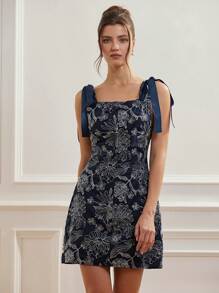 Aveloria Rosie 法式复古优雅高端刺绣缎面拼布无袖收腰迷你连衣裙，女式波西米亚风度假时尚风格全身印花花卉印花，适合夏季春秋季