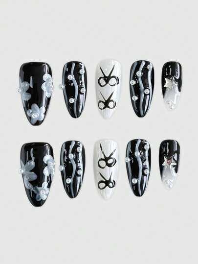 Kawaii 10pcs Cute Bowknot Handmade False Nails + 3pcs Double-Sided Adhesive,Removable Hand-Painted Floral Nail Sticker Set,High-Quality Gloss & Rhinestones Manicure Stickers For Holiday Party, Dance And Daily Wear