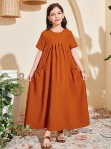 SHEIN Tween Mädchen einfarbiges, strukturiertes Stoffkleid mit kurzen Ärmeln und lockerer A-Linie und Taschen, langes Kleid