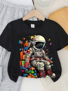 SHEIN 2 件套年轻男孩休闲卡通熊图案圆领短袖 T 恤和裤子套装 - 彩色 - 查看 4