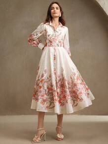 Anewsta Vestido camisa de manga globo con bordado y estampado floral, elegante para primavera, vacaciones, festivales, Pascua