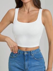 SHEIN Tall Summer White Simple Basic Versatile Square Neck Tank Top, Suitable For Many Occasions