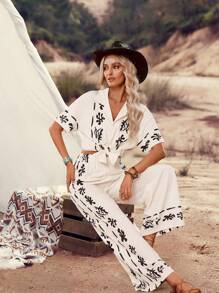 LanaWest Women Graphic Print Standard Fit Shirt + Wide Leg Pants 2 Pieces Casual Suit, Suitable For Vacation And Daily Wear - Apricot - View 3