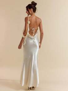 SHEIN BAE Đầm dự tiệc thanh lịch hở lưng gợi cảm 3D hoa ruy băng mùa hè cho nữ - Màu be - Xem 7