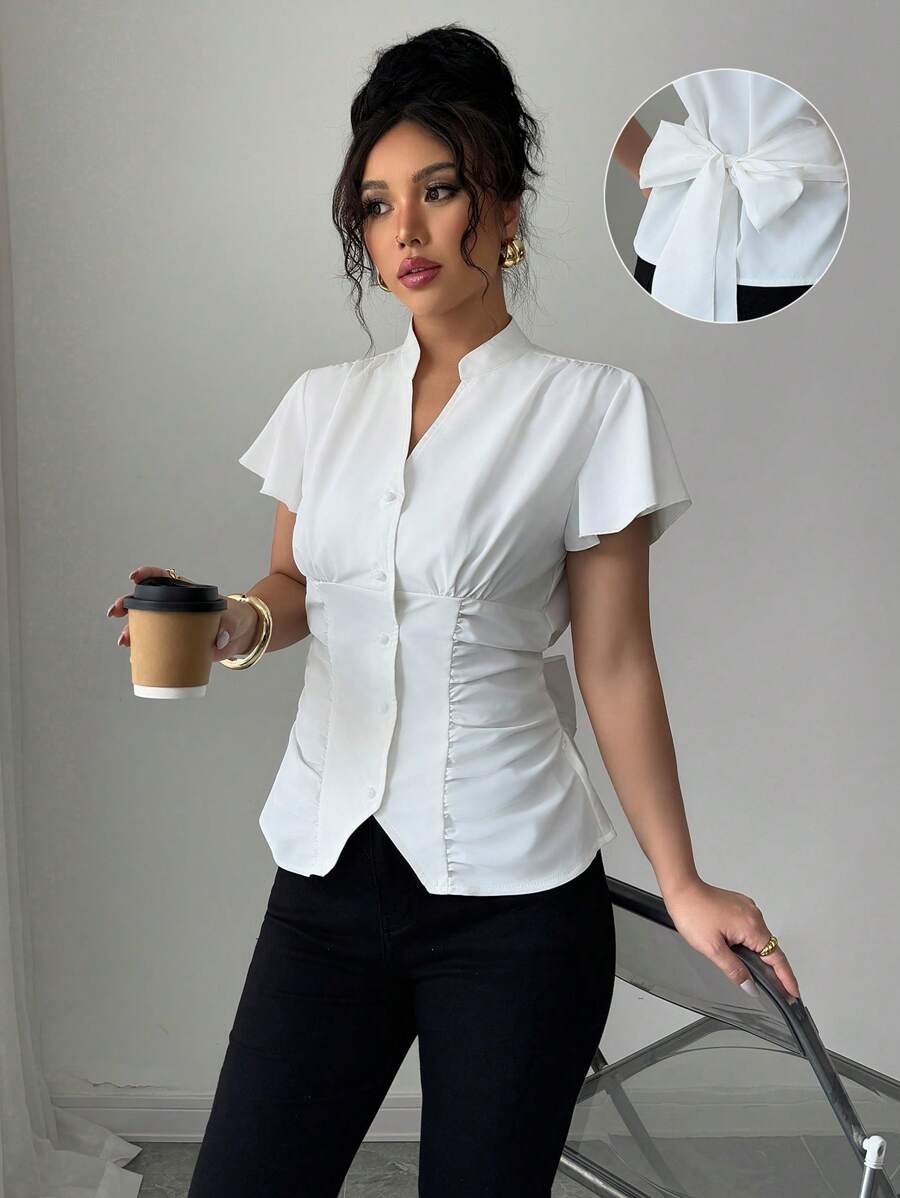 Selianne Elegant Romantic Vacation Women's Blouse With Stand Collar, Ruffle Sleeves, Ribbon Bowknot - White - View 1