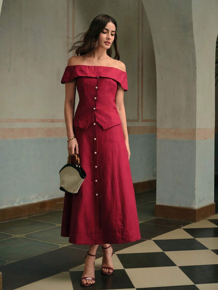 ZEYLAH 女士纯色前扣亚麻露肩优雅衬衫 - 酒紅色 - 查看 1