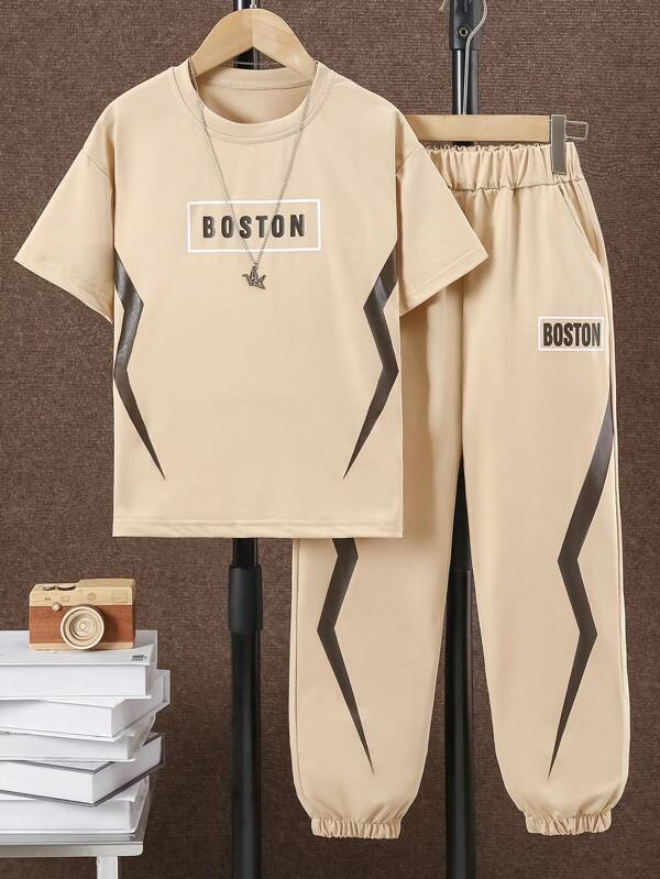 SHEIN Explorewe Tween Boy Round Neck Letter Printed Sporty Short Sleeve T-Shirt And Color-Blocking Pocketed Sweatpant Set 2pcs