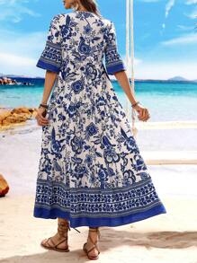 Breezaya Vestido con estampado floral azul de estilo vacacional - Azul y blanco - Ver 2