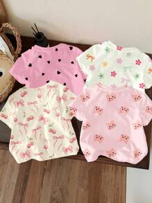 SHEIN 4 件套年轻女孩可爱迷你图案基本款圆领短袖 T 恤，休闲简约，适合春夏季 - 彩色 - 查看 2