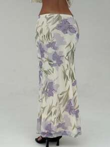 Aloruh 女士花卉印花高腰鱼尾裙，优雅度假装 - 彩色 - 查看 3