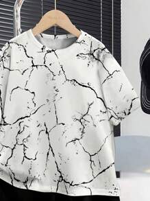 2pcs/Set Tween Boy Casual Minimalist Cracked Pattern Short Sleeve Round Neck Set, Suitable For Summer - Multicolor - View 3