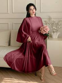 DAZY Solid Color Stand Collar Pleated Ruffle Sleeve Midi Dress For Women,Fall Clothes Long Sleeve Dress Wedding Women Dresses Red Women Dresses Prom Dress Elegant Women Dresses - Burgundy - View 4
