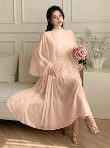 DAZY Solid Color Stand Collar Pleated Ruffle Sleeve Mid-Length Dress For Women,Fall Clothes