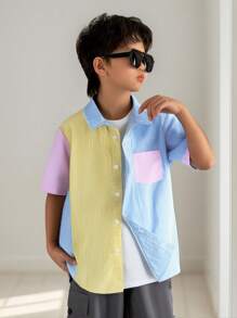 SHEIN Leap Crew Tween Boy 休闲拼色条纹领口袋短袖衬衫，适合秋季、春季、夏季、户外玩耍、学校、街头风格、派对和居家休闲