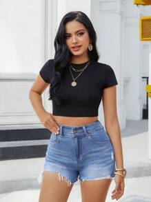 TrendSteals Women Pocket Distressed Raw Hem Washed Denim Shorts - Medium Wash - View 3