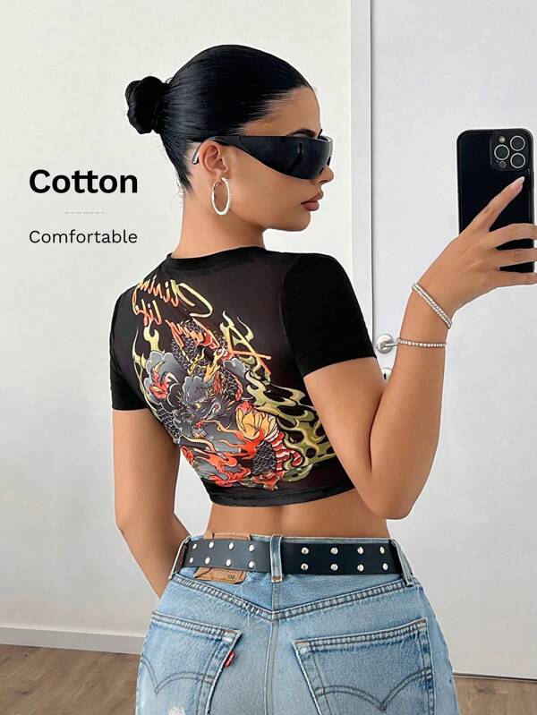 SHEIN ICON Camiseta negra de mujer de manga corta y un solo color con estampado de dragón chino, de estilo Y2K para volver al colegio