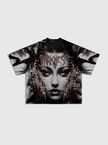 ROMWE MEN Grunge Punk Men's Gothic Fashion Tie Dye Print Character Loose Short Sleeve T-Shirt, Halloween - Black - View 1