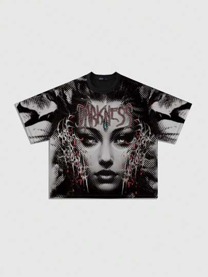 Street Life T-shirt ample à manches courtes avec imprimé tie-dye et personnage, mode gothique masculine, Halloween