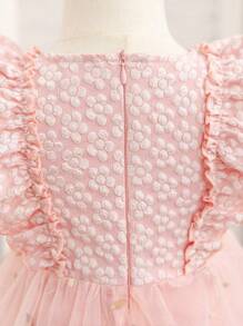 Glamorique Kids Vestido túnica para bebé niña con recortes con volantes, parches de jacquard y malla, para primavera/verano - Rosa coral - Ver 6